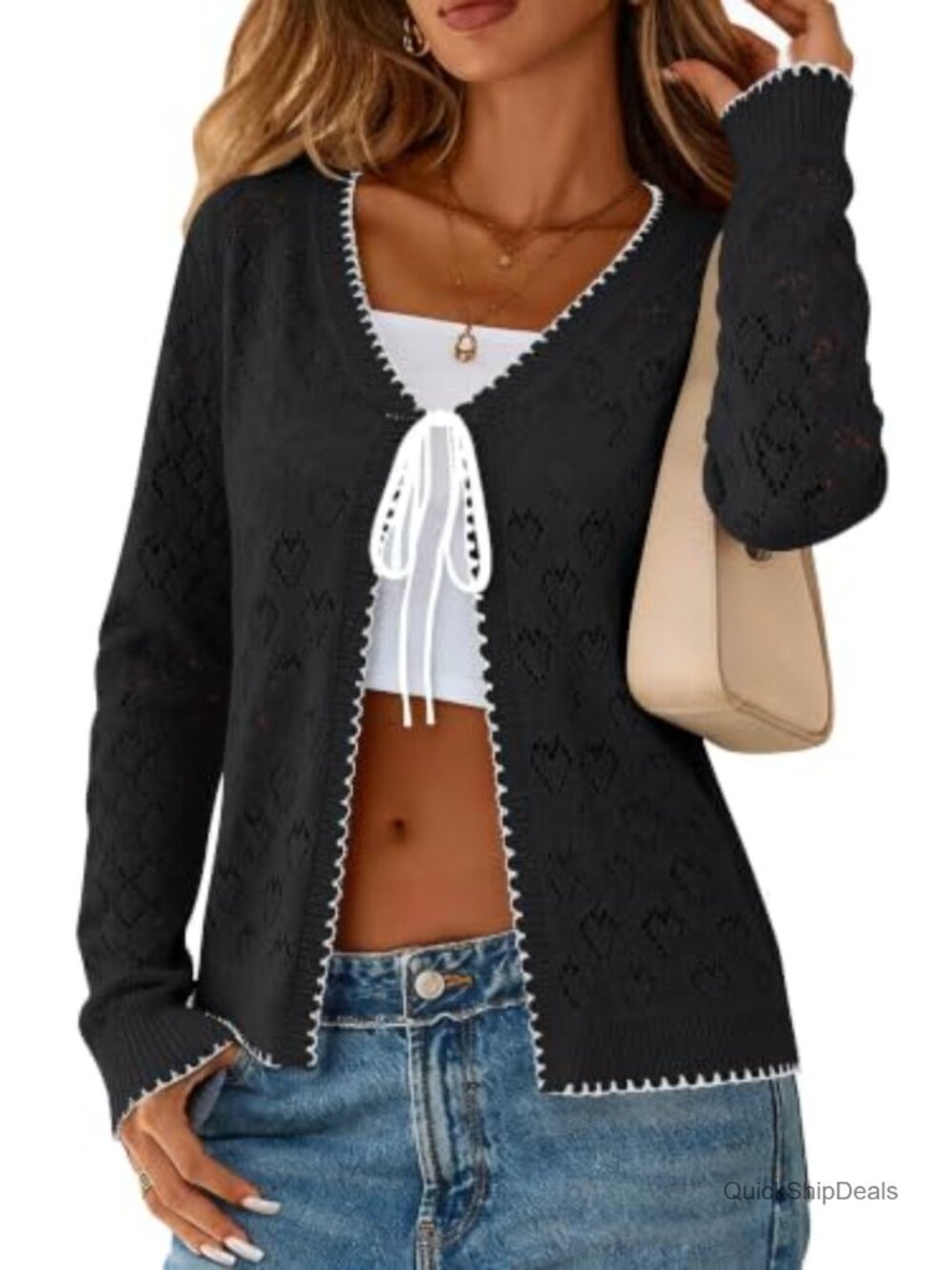 Long Sleeve Heart Pointelle Knit Tie Front Crop Cardigan Sweater Top